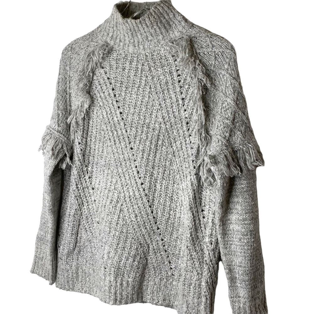 John & Jenn Chunky Mock Neck Fringe Boho Sweater Tan Grey Cream Size Medium - Picture 2 of 5